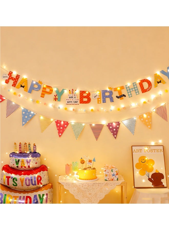 Happy D Birthday decoration banner, 3-piece set, featuring a “Happy Birthday” design and colorful balloon banner. Comes with lights, perfect for birthday parties. Length: (500 cm). - Image 1